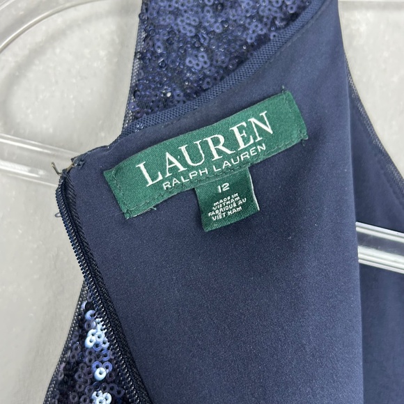 Ralph Lauren size 12 sheath ruched dress navy sequin keyhole stretch knee length - Picture 10 of 11